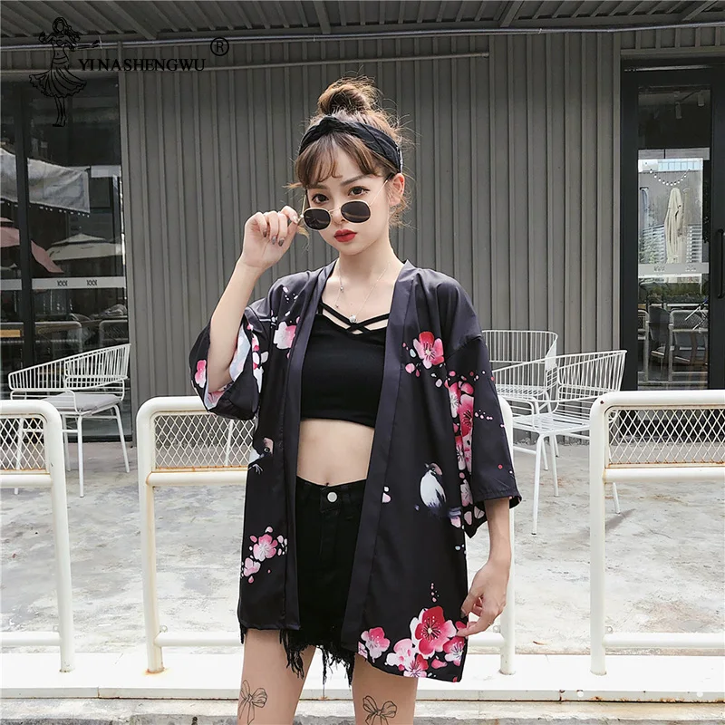 Yukata, женская блузка с поясом, новая мода, кимоно, блузка, японский веер, принт, женская рубашка, летняя, солнцезащитная, топы, Япония, кимоно, для женщин