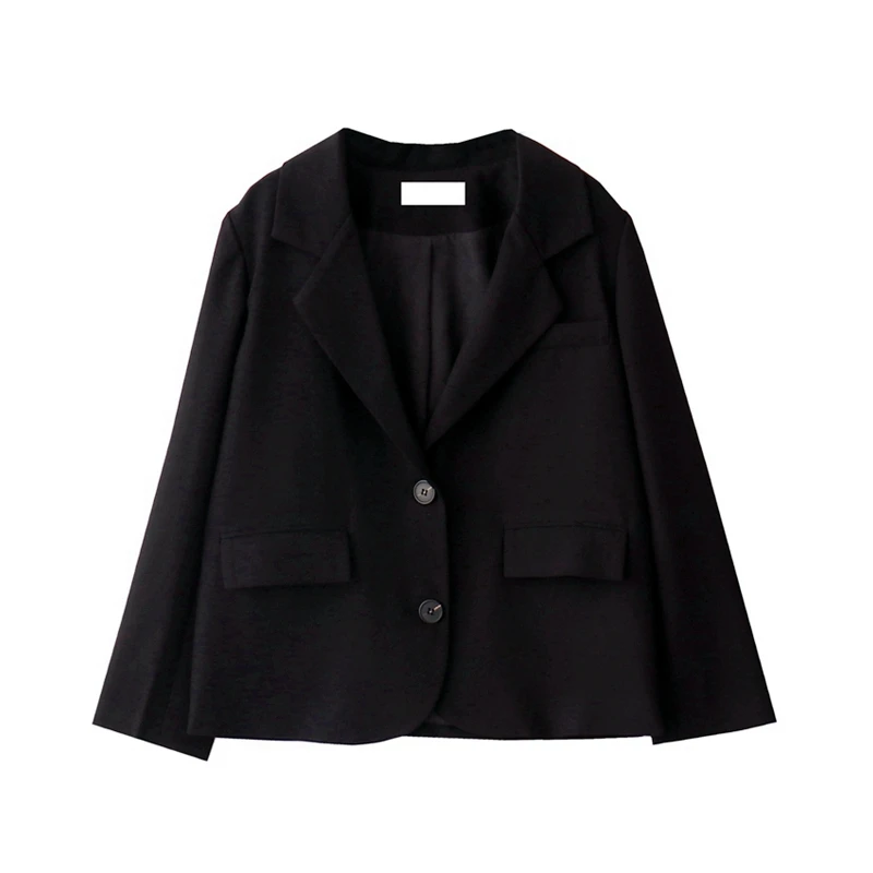 

Vintage Black Women Blazers All Match Pocket Solid Turn-Down Collar Officer Lady Outwear Coats Tops