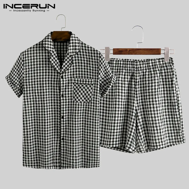 

Summer Mens Pajamas Sets Plaid Lapel Cotton Button Short Sleeve Sleepwear Tops Shorts Soft Unisex Pyjamas Suit Homewear INCERUN