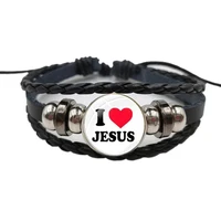 i love jesus leather bracelet believe in jesus christianity mens wristband glass button multilayer woven bracelet
