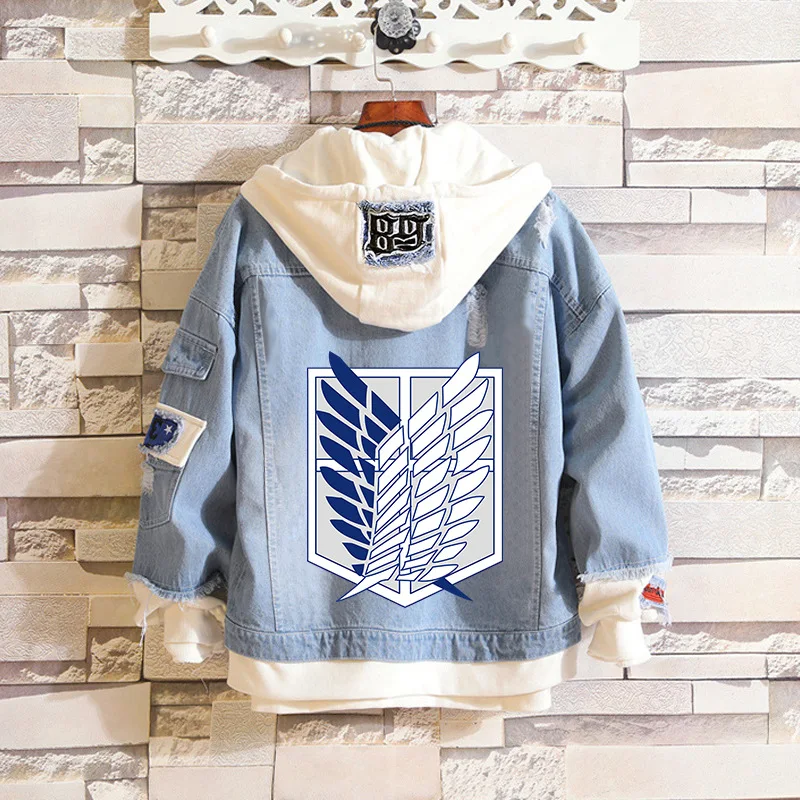 

Attack on Titan Jeans Jacket Wings of Freedom Scouting Legion Military Police Cosplay Denim Hooded Sweatshirt Outwear Coat