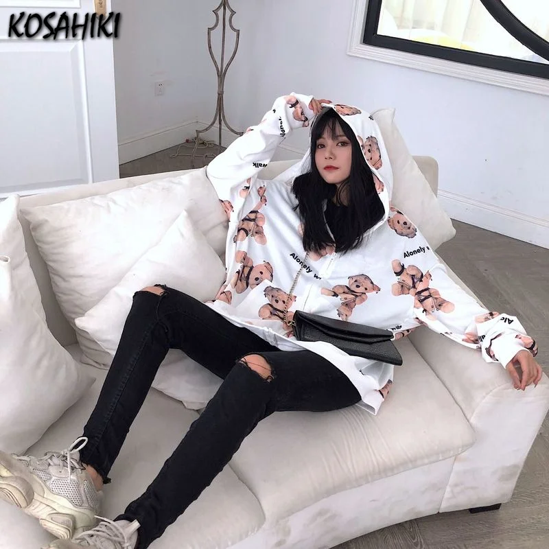 

KOSAHIKI Women Korean Clothes Oversize Harajuku Hoodies Women Zipper Sweatshirt Cartoon Print Kawaii Hoodie Streetwear Cute Tops