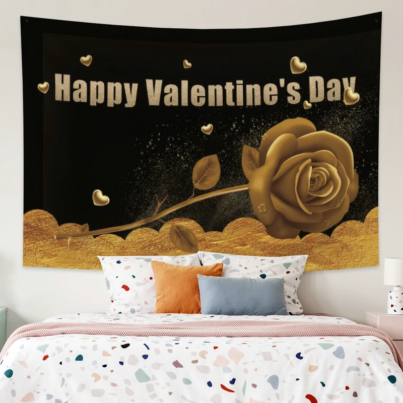 

Гобелен с изображением золотых роз на День Св. Валентина, винтажная экзотическая летняя рамка с растениями для спальни, Настенный декор