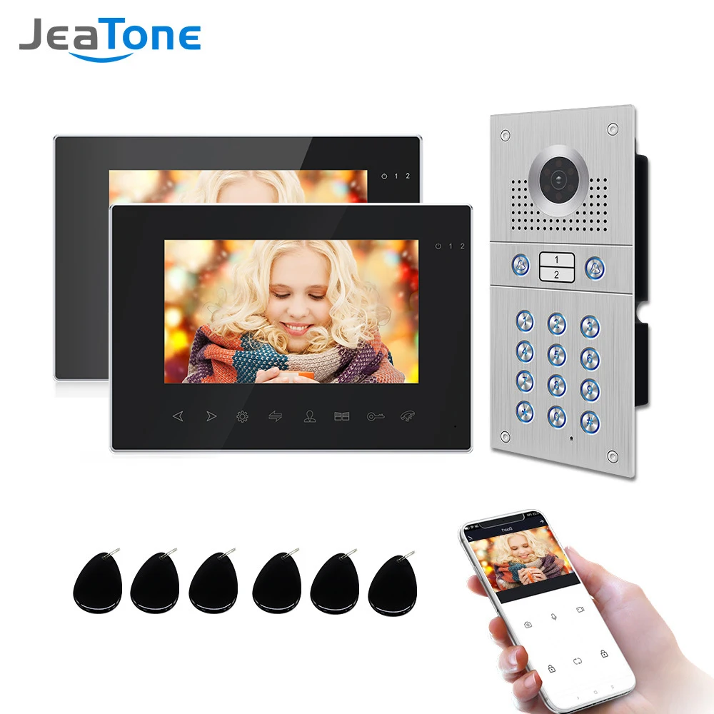 Jeatone WiFi Tuya Smart Video Door Phone Video Intercom Code Keypad/RFID Card/APP Unlock Motion Detection for 2 Units Apartment