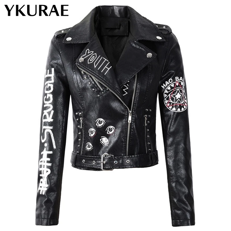

Women's Leather Jacket PU Female Short Streetwear Casual Rivet Zipper Epaulet 3D Print Punk Jackets Motorcycle Outerwear FL010