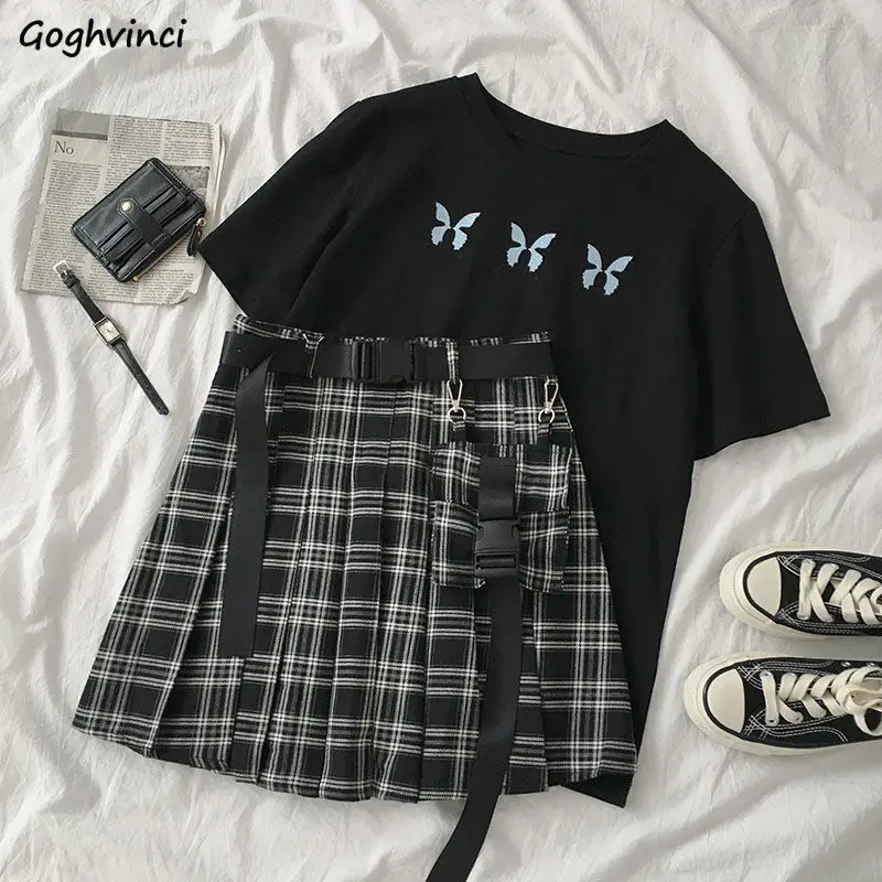 Женские комплекты топы с коротким рукавом клетчатые юбки вышивкой бабочки для