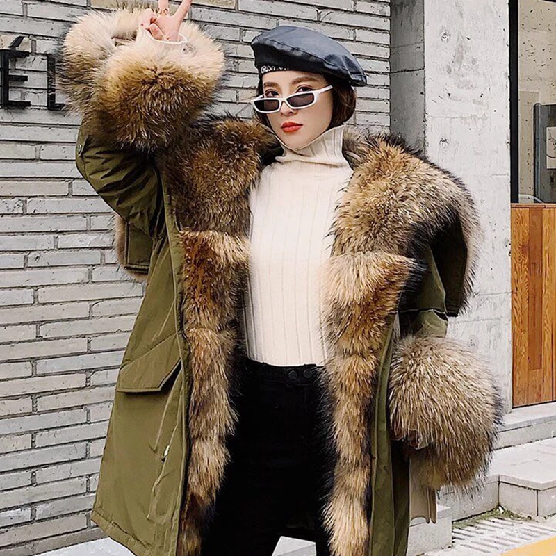 

Natural Raccoon Women Coat Long 2020 Winter White Duck Down Jacket Fashion Real Fur Parka Warm