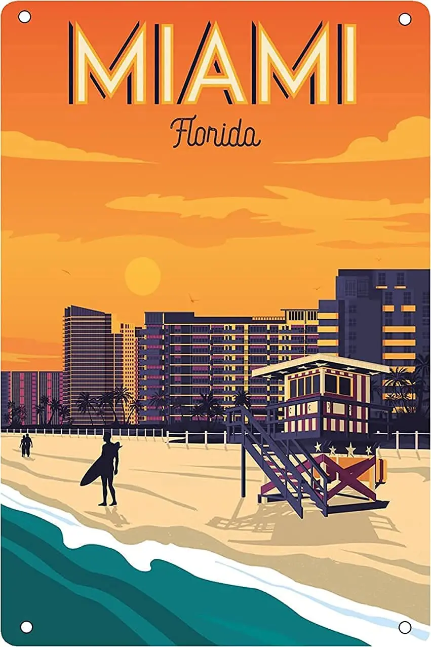

Metal Tin Sign Miami Florida Summer Beach Landscape Art Poster Room Decoration Old-fashioned Retro Square Metal Sign 8X12 Inch