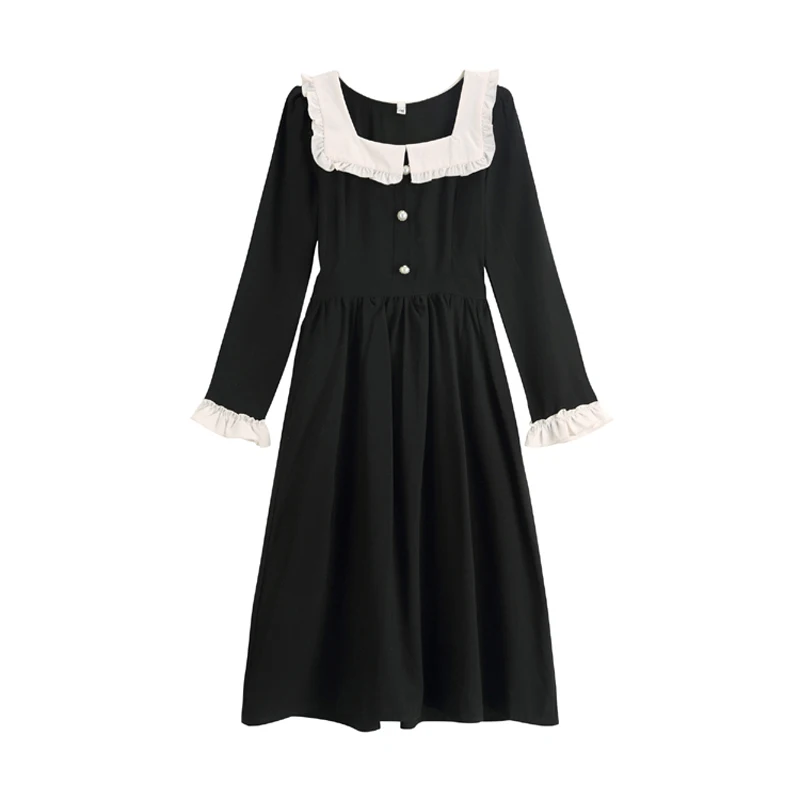 

PERHAPS U Woman Elegant Black Velvet Slash Neck Long Sleeve Knee Length Dress Spring D1646