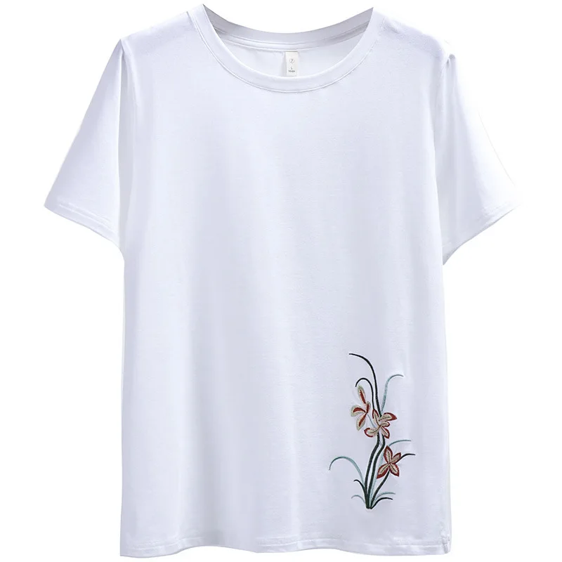 

Cotton Embroidered White Short-sleeve Temperament Commuter Korean Version Loose-fitting Round-neck Korean Version