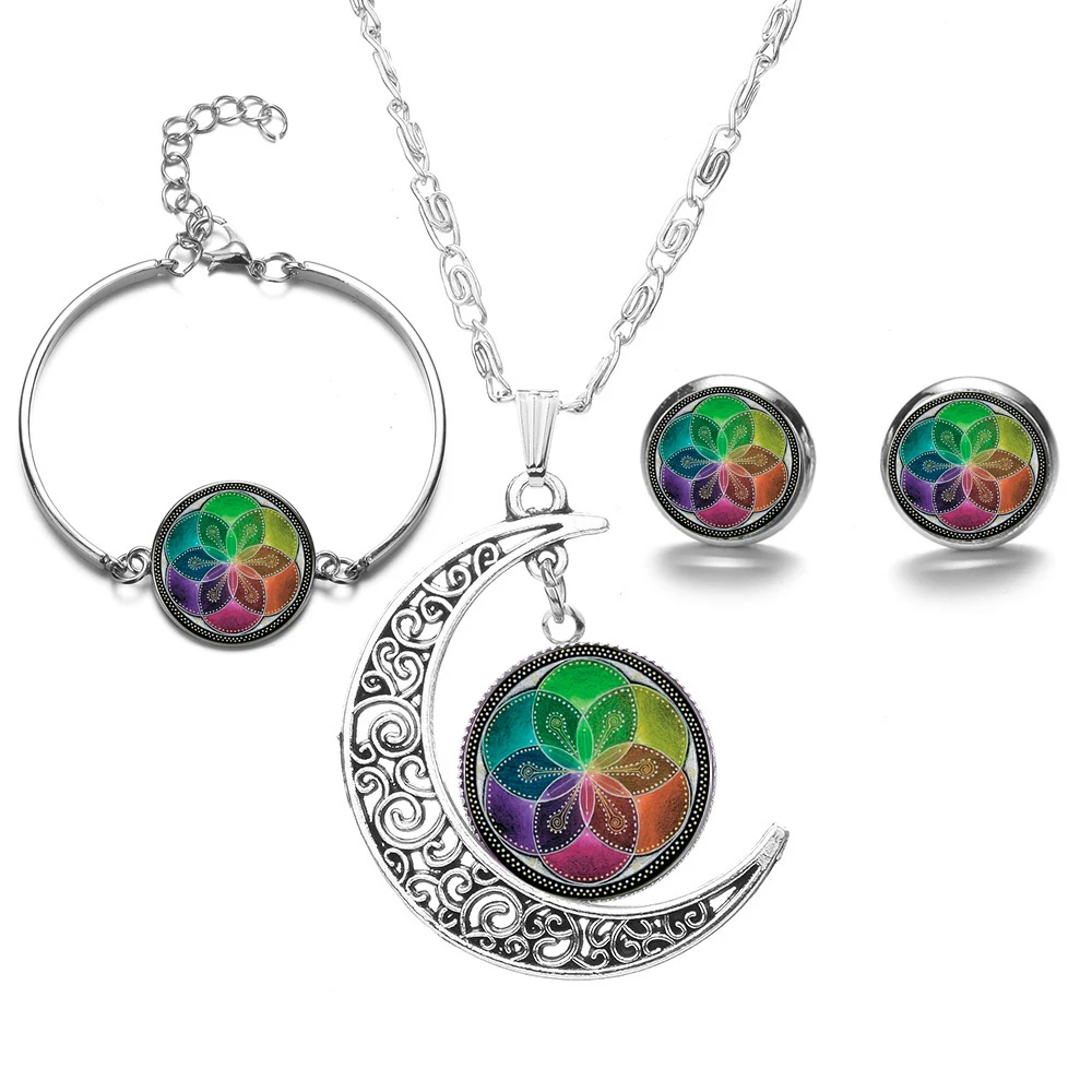

Sacred Lotus Buddhism Jewelry Sets Silver Color Om India Yoga Mandala Crystal Glass Dome Pendant Necklace Earrings Bracelet