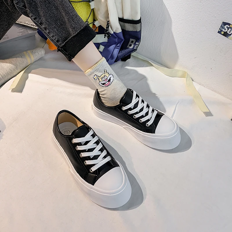 

Casual Shoes 2020 New Spring Autumn Women Shoes FashionWhite Sneakers Breathable Lace-Up Flat With Chunky Black Solid Fashion