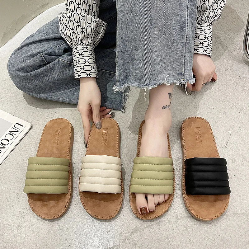 

Flat Shoes Female Slippers Casual Slides Slipers Women Loafers Luxury Soft 2021 Rubber Basic Fabric Rome PU Concise Female Shoes