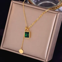 hip hop rock titanium steel green gems pendant necklace for women men vintage trend clavicle chain punk party jewelry gifts
