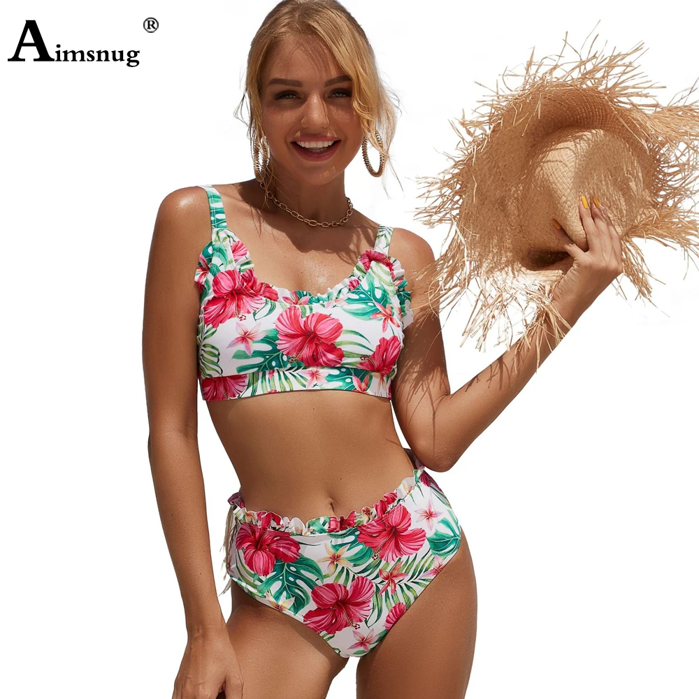 

Women High Waist Bikini Set Two Pieces Swimwear Bohemian Flower Print Swimsuits Chic Lace 2PCS Outfits Sexy Femme Clothing 2021