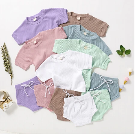 

Детская летняя одежда 2020 года, комплект одежды из 2 предметов в рубчик для маленьких мальчиков и девочек, футболка с коротким рукавом и штаны