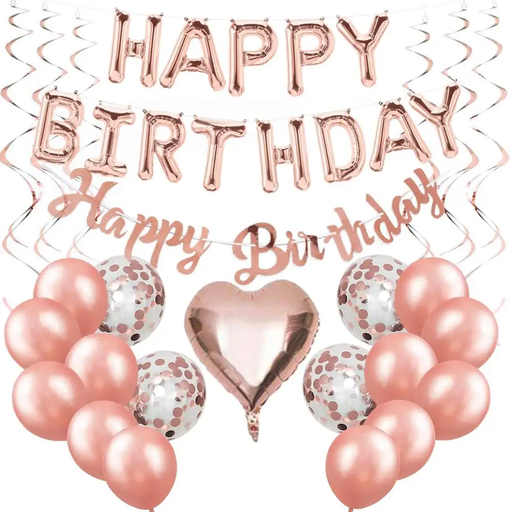 Розовое золото с днем рождения украшения Самонадувающийся фольга День баннер