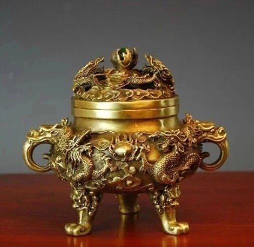 

Antique Copper Incense Burner, 9 Dragons, Delicate Inlaid Tripod, Handmade