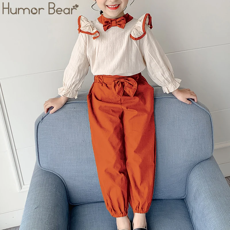 Humor Bear/От 4 до 13 лет, новинка года, Осенний Детский костюм Корейская версия для маленьких девочек, с длинными рукавами и рюшами+ штаны Весенняя детская одежда из 2 предметов