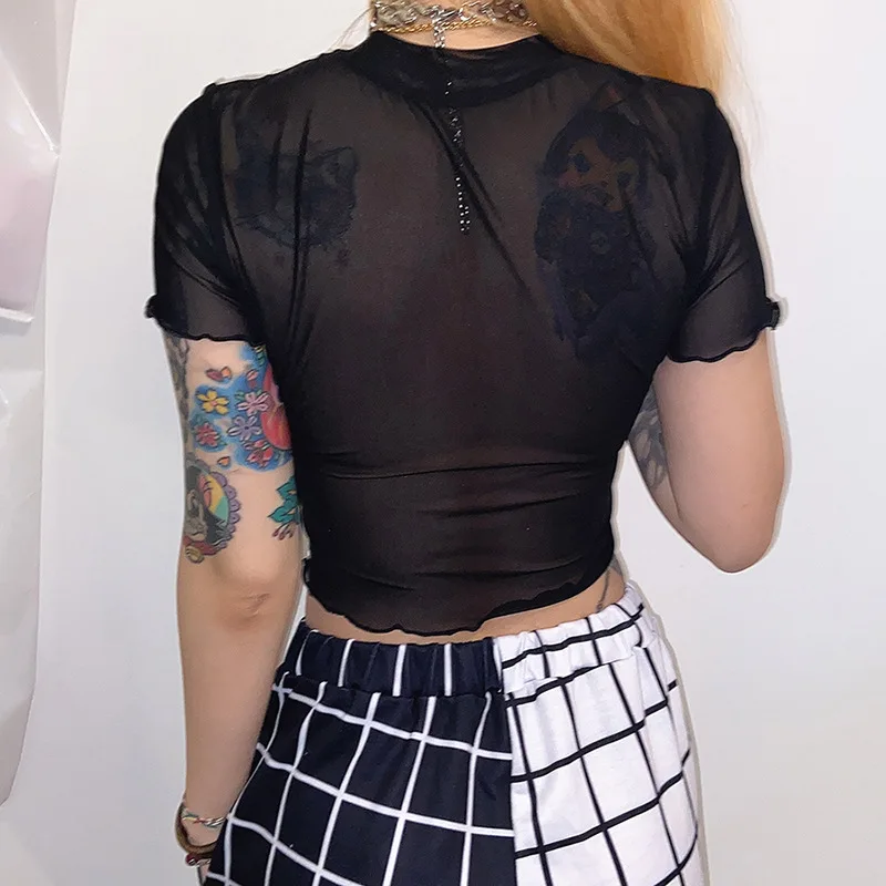 Женский облегающий сетчатый топ Gothblack футболка с коротким рукавом и принтом в