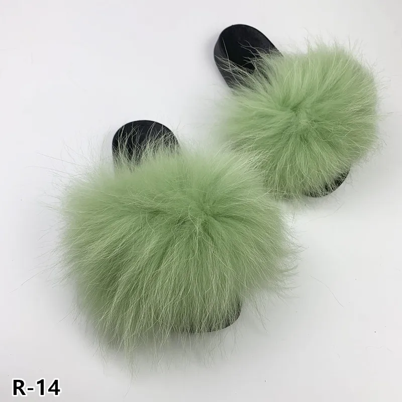 Плюшевый мохнатый натуральный природный енот мех шлепанцы-сандалии для женщин удобные с перьями пушистые тапочки с натуральным мехом енота - Цвет: R14
