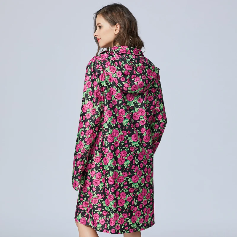 

Long Ladies's Stylish Rainsuit Waterproof with Rain Hood Gear Ladiess Jacket Travel Flower Print Auto Electrico Adulto L