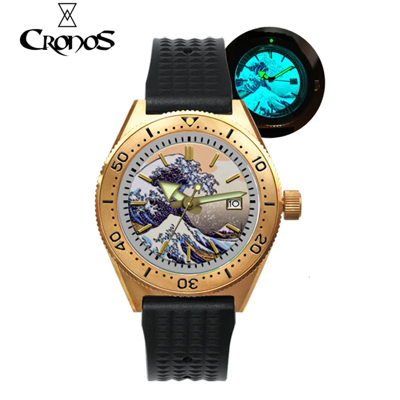 

Cronos Men's Bronze Diver Watch Sapphire Crystal Kanagawa Wave Luminous Dial NH35A Automatic Movement Mechanical Wristwatch