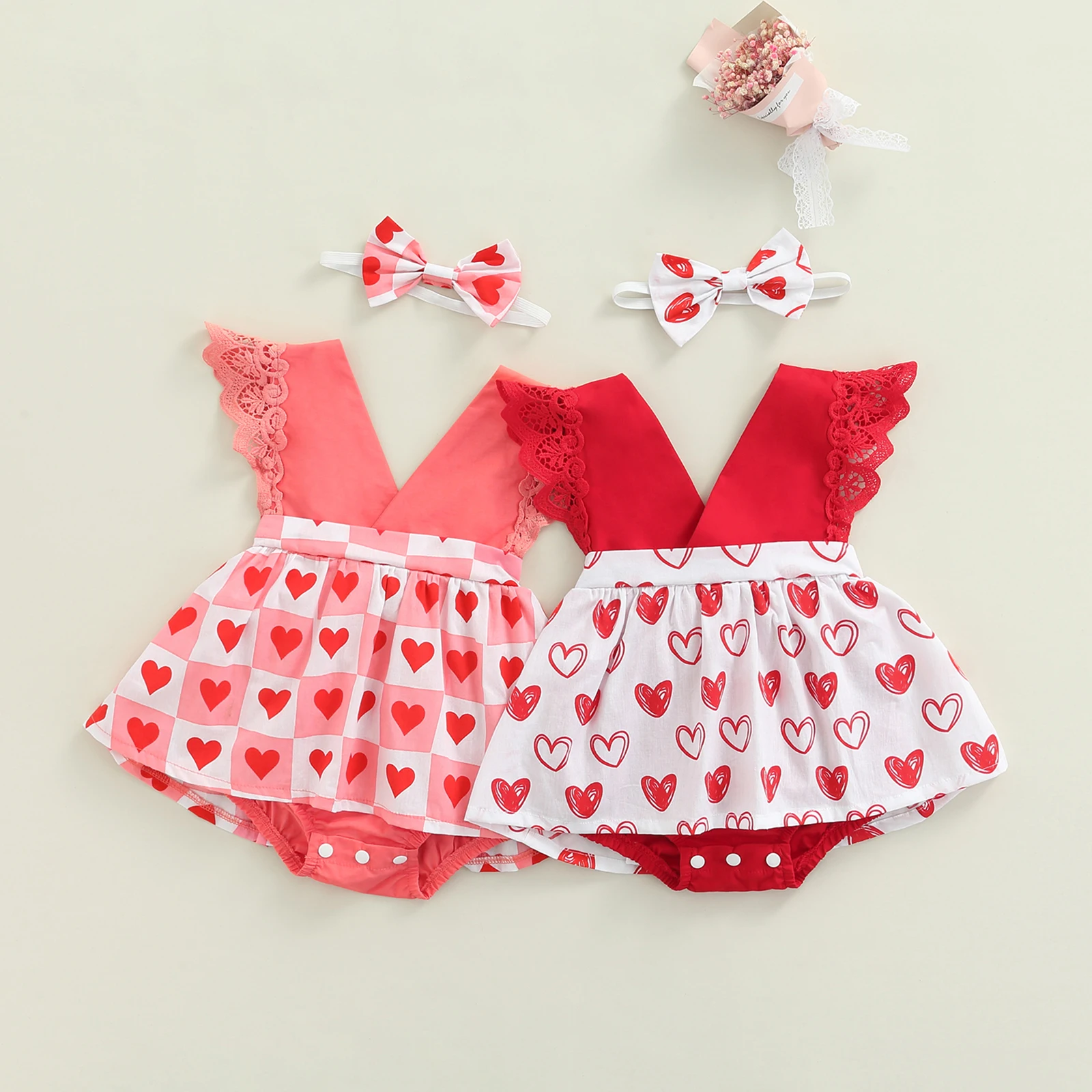 

Emmababy 2022 New Baby Girls Two-piece Heart Printed Clothes Set Pattern Sleeveless Deep V-neck Romper Headdress Pink/ Red