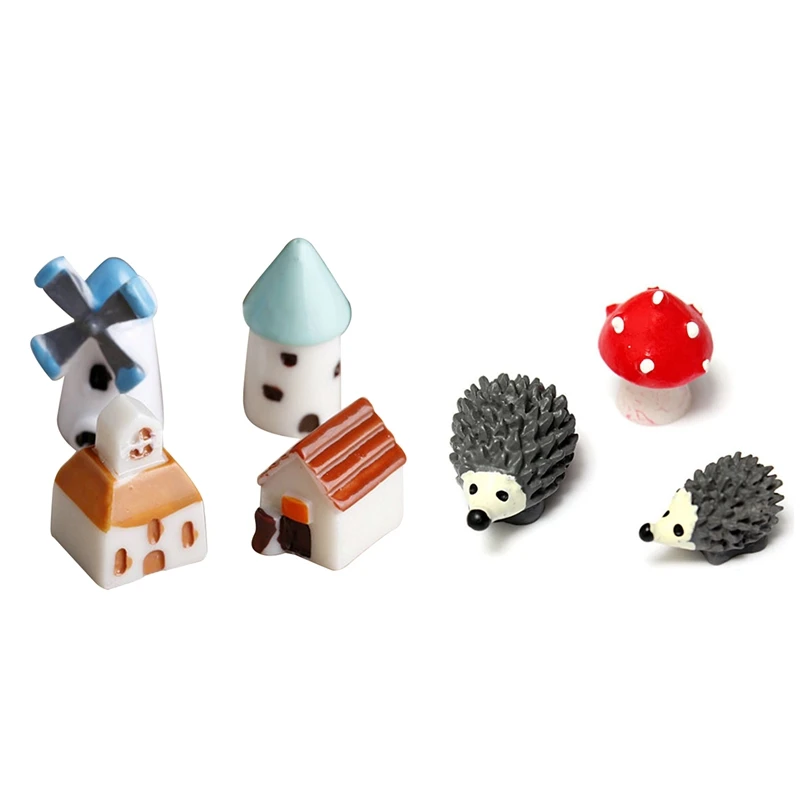 7 Pcs Resin Miniature Landscape Craft Decoration: 3 Plant Pots Bonsai Hedgehog Mushroom &amp 4 Church Castle Windmill | Дом и сад