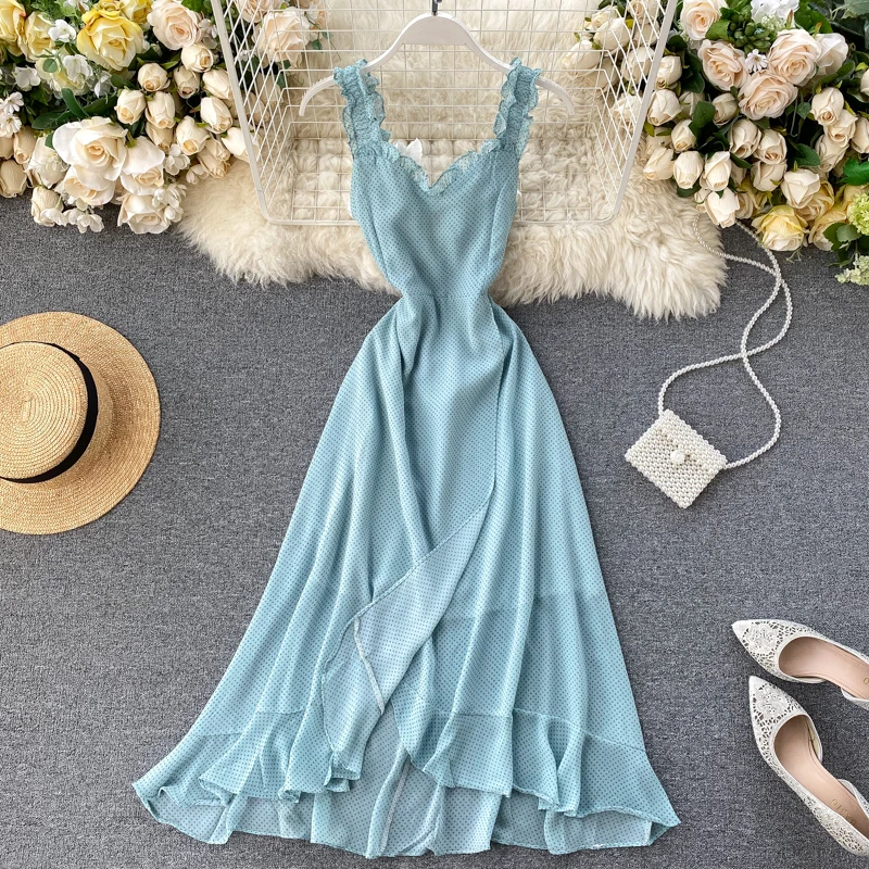 Женское шифоновое платье без рукавов летнее пикантное длинное в горошек с