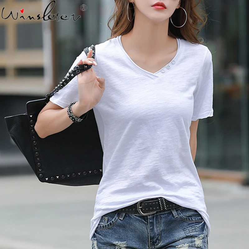 

Женская хлопковая футболка с коротким рукавом, однотонная белая свободная эластичная футболка с V-образным вырезом и пуговицами со стразам...