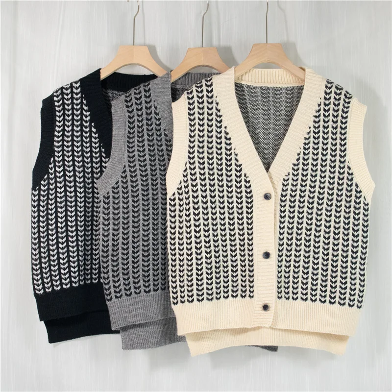 Клетчатый однобортный вязаный жилет с V-образным вырезом для женщин повседневный