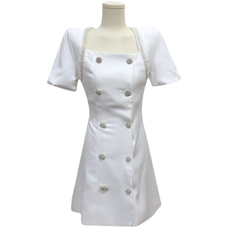 

Heavy Beaded Square Collar Double-breasted High Waist Dress Women 2021 Summer New Fashion A-line Dresses Vestido Feminino