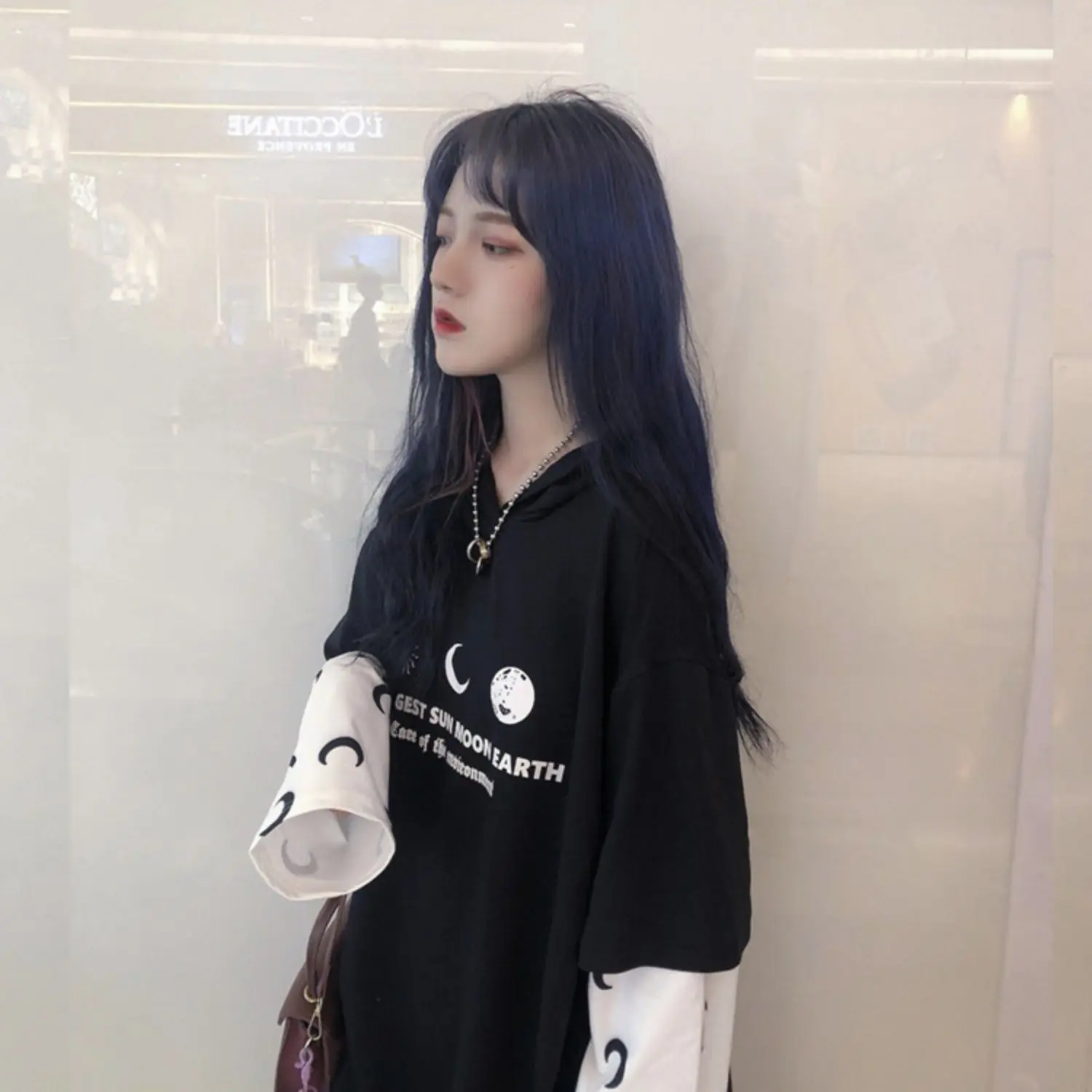 Harajuku уличная Винтажная Футболка для женщин, одежда, осень, корейский Ulzzang, с принтом, с капюшоном, Футболки женские, полный поддельные два топа