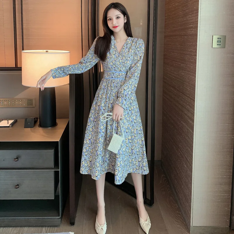 Women's 2021 Autumn New Elegant Cottagecore Korean Temperament V-neck High Waist Medium Length A-line Skirt Floral Chiffon Dress