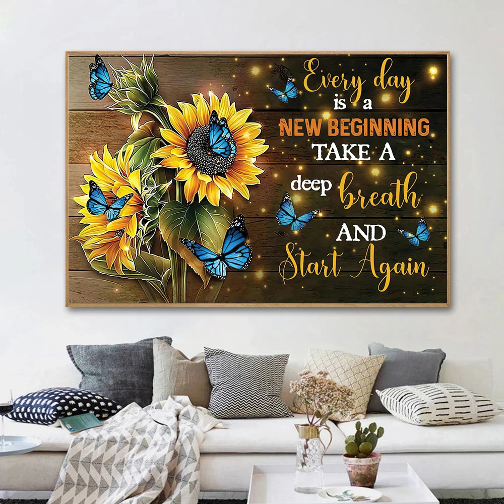 

Beautiful Sunflower And Butterfly Canvas Painting Wall Art Every Day Is A New Beginning Posters Print Pictures Modern Home Decor