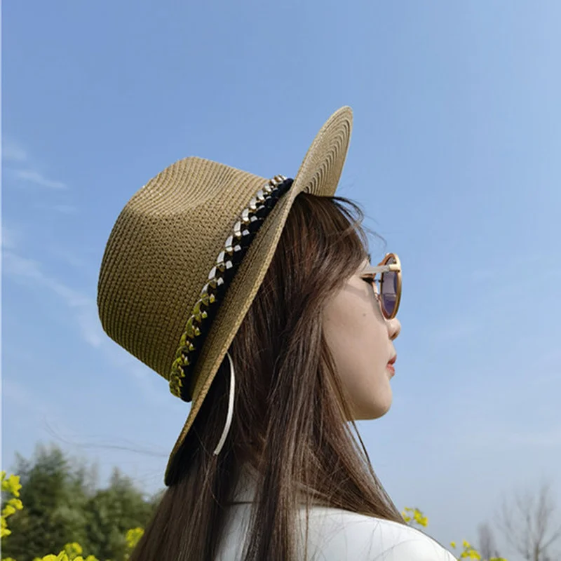 

sun hats men women straw handmade wide brim gold chain band belt women summer hats spring black khaki beach casual summer hats