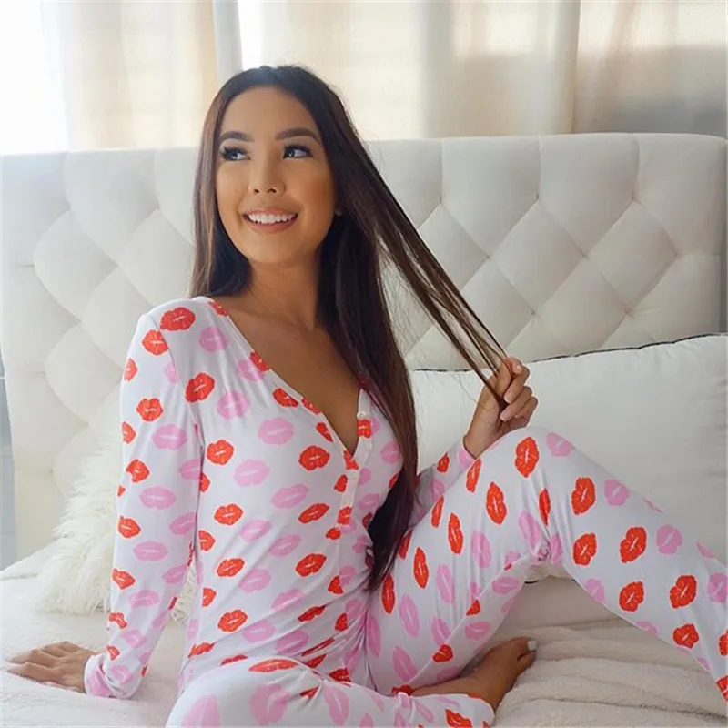 

Women One Piece Pajama Fashion Cartoon Printed Long-Sleeved Jumpsuit Trousers Deep V-neck Long Jumpsuit Slim Homewear Sleepwear