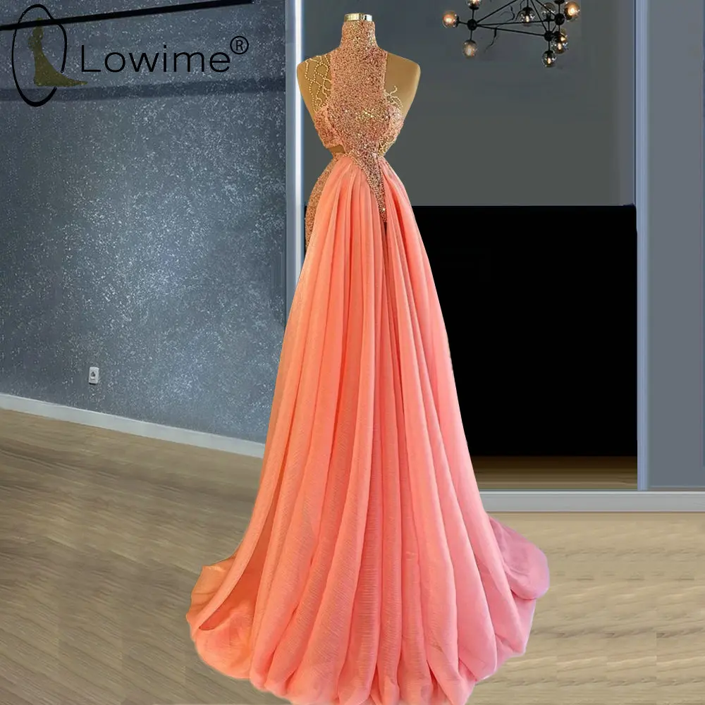 

Lowime Pink High Neck Evening Dresses 2021 Pearls Long Prom Party Gowns for Weddings Custom Made Vestidos Formales