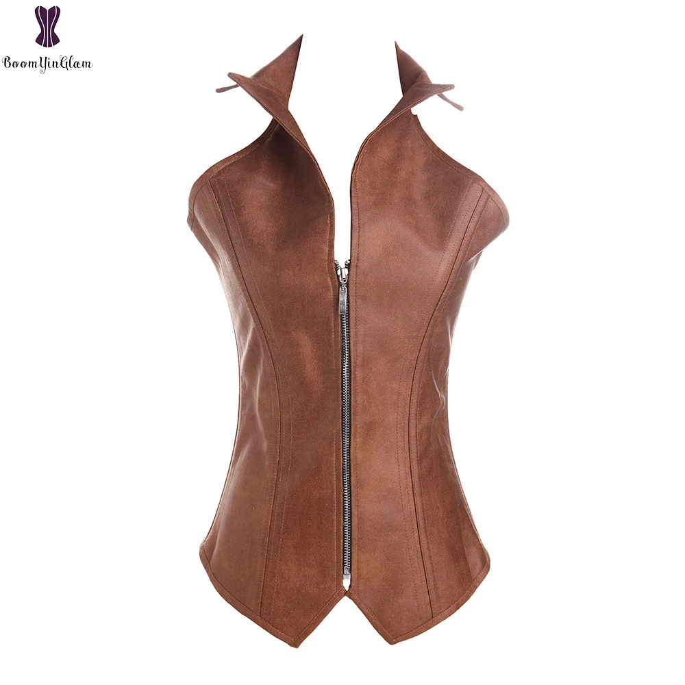 Женское сексуальное нижнее белье Коричневый корсет из искусственной кожи на