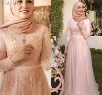yiminpwp pink prom dresses o neck long sleeve floor length appliques muslim women formal evening gown robes de soir%c3%a9e musulmanes