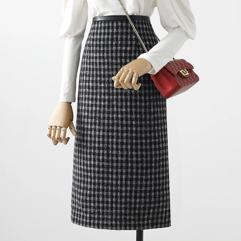 

Женская шерстяная юбка, Осень-зима 2021, новый стиль, облегающая клетчатая трапециевидная юбка средней длины с высокой талией, юбка с разрезом...