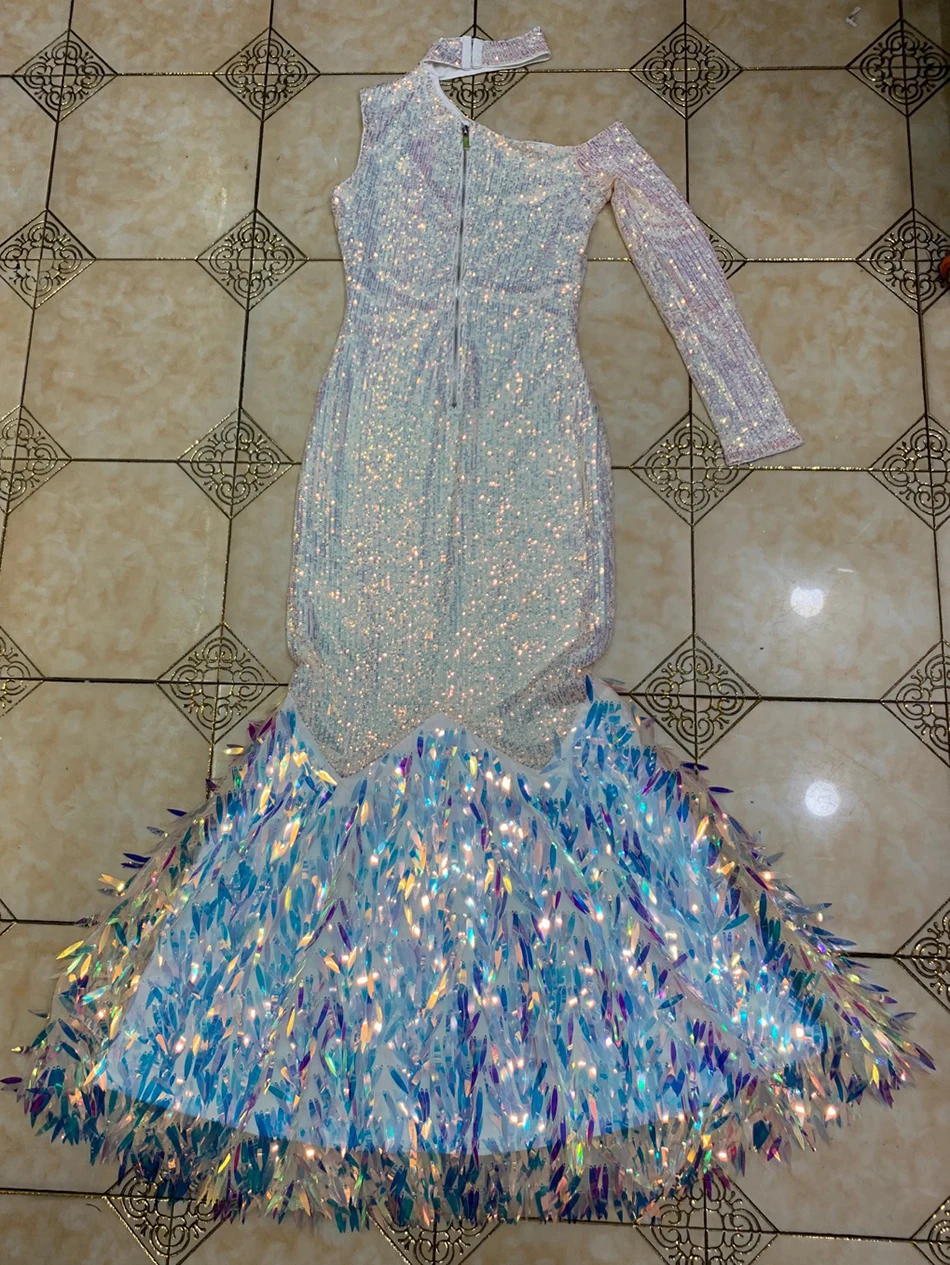 

Ailigu 2020 Fall New Women's High Quality Sexy Long Sleeve One Shoulder High Neck Sequined Mermaid Long Prom Party Formal Dress