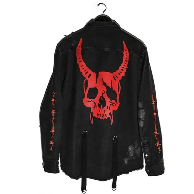 

Harajuku Gothic Demon Hunter Skull Black Denim Jacket Men Rock Punk Heavy Metal Sweatshirt Sudadera Suspenders Hole Streetwear