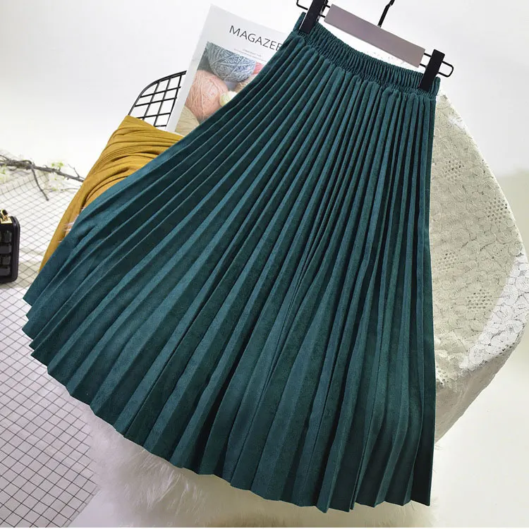 

2020 Two Layer Spring Women Suede Skirt Long Pleated Skirts Top Brand Womens Saias Faldas Vintage Women Skirt