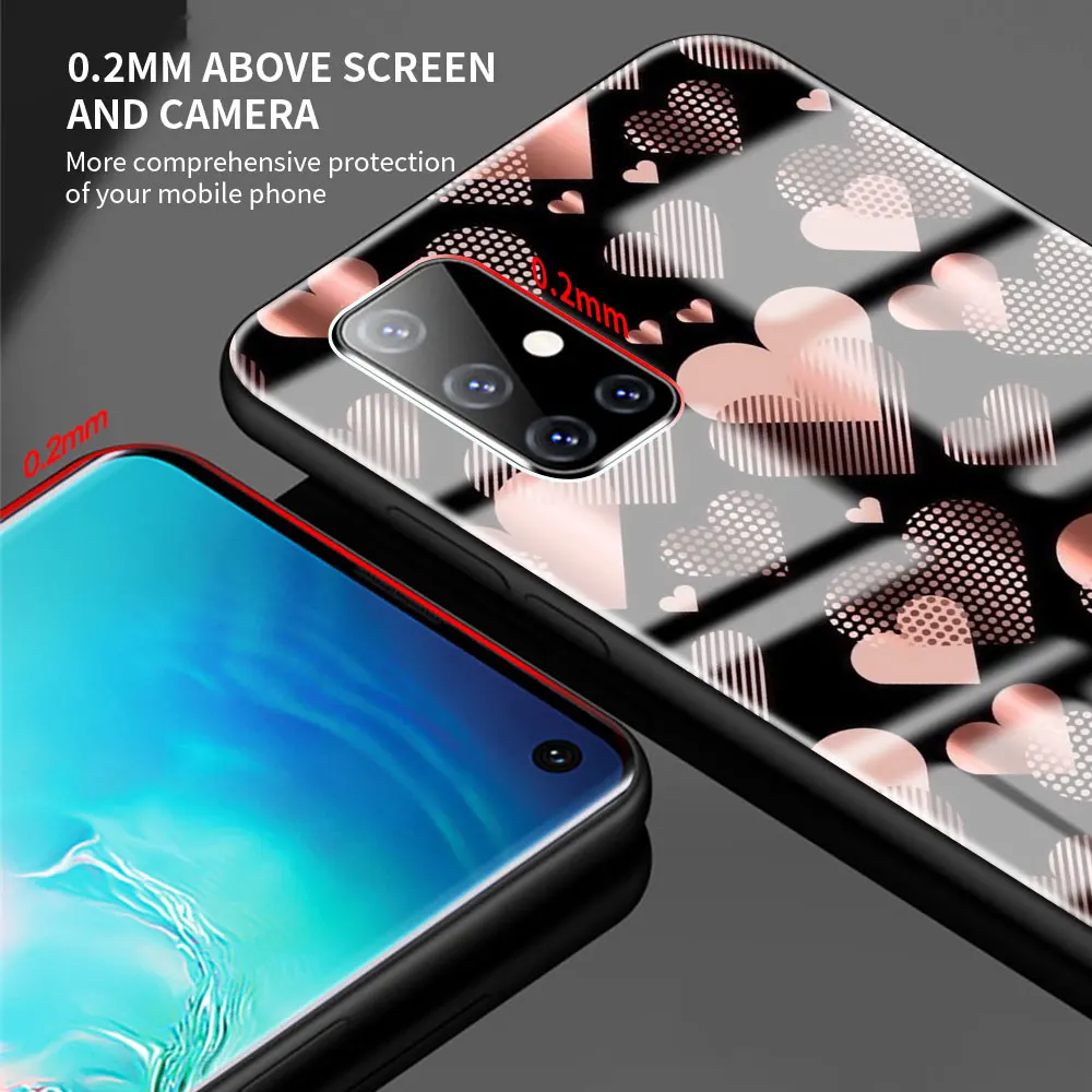 

Tempered Glass Case For Samsung Galaxy A51 A50 A71 A70 A31 A30 A21s A91 A10 A40 Phone Cover Sac Pink Gold Rose Love Heart