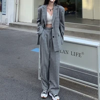 fashion england style blazer set women 2021 new bussiness two piece suit ladies korean high waist wide leg pants and jacket