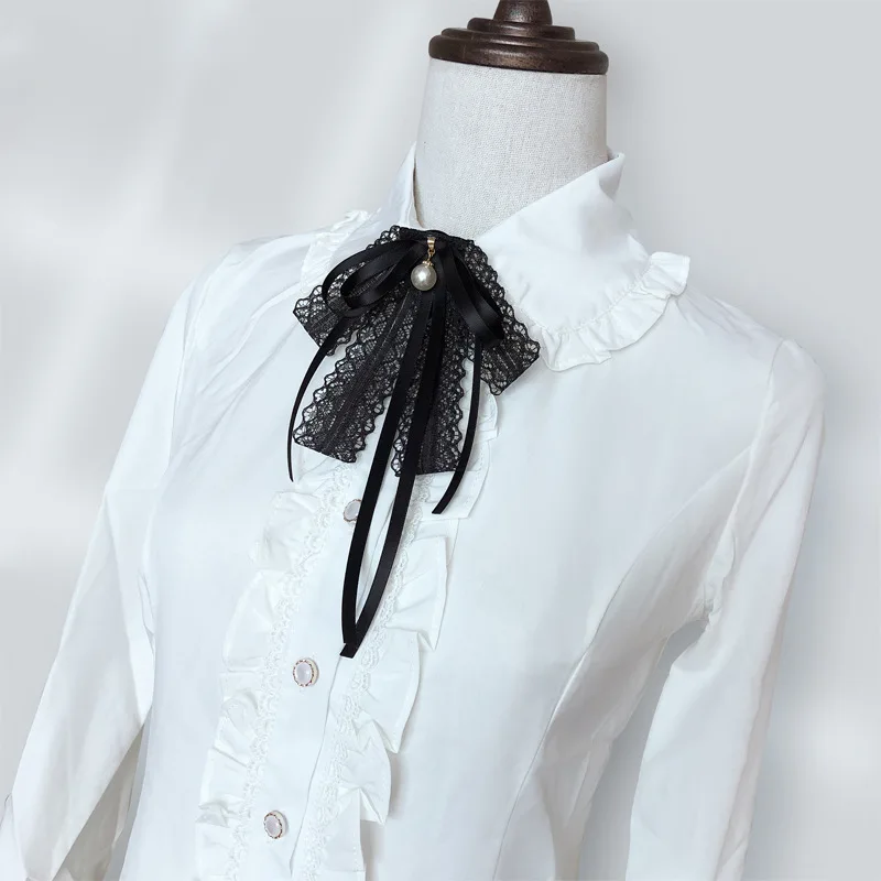 Women's Formal Dress White Shirt Collar Flower with Lace Ribbon Pearl Black Bow Tie - Bowtie Brooch Necktie Perfect Ladies Accessories image 4