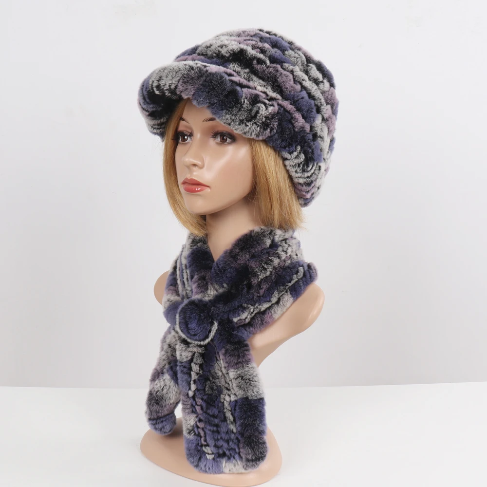 2 шт. трикотажные Настоящий мех кролика шапка и шарф Новая женская зимняя из меха