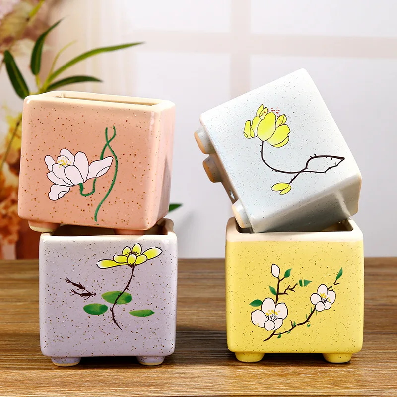 

Hand-painted Square Succulent Flower Pots Succulents Plants With Pot Simple Ceramic Flowerpot Decorations For Balcony Home Decor